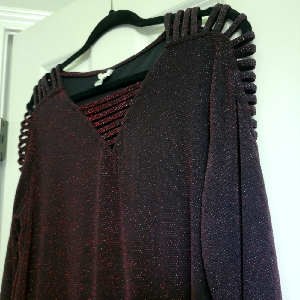 Sparkly Black And Red Long Sleeved Shirt With Strappy Shoulders